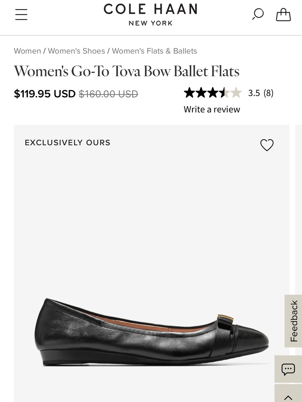 Cole Haan Black Leather Bow Ballet Flats with Gold Accent